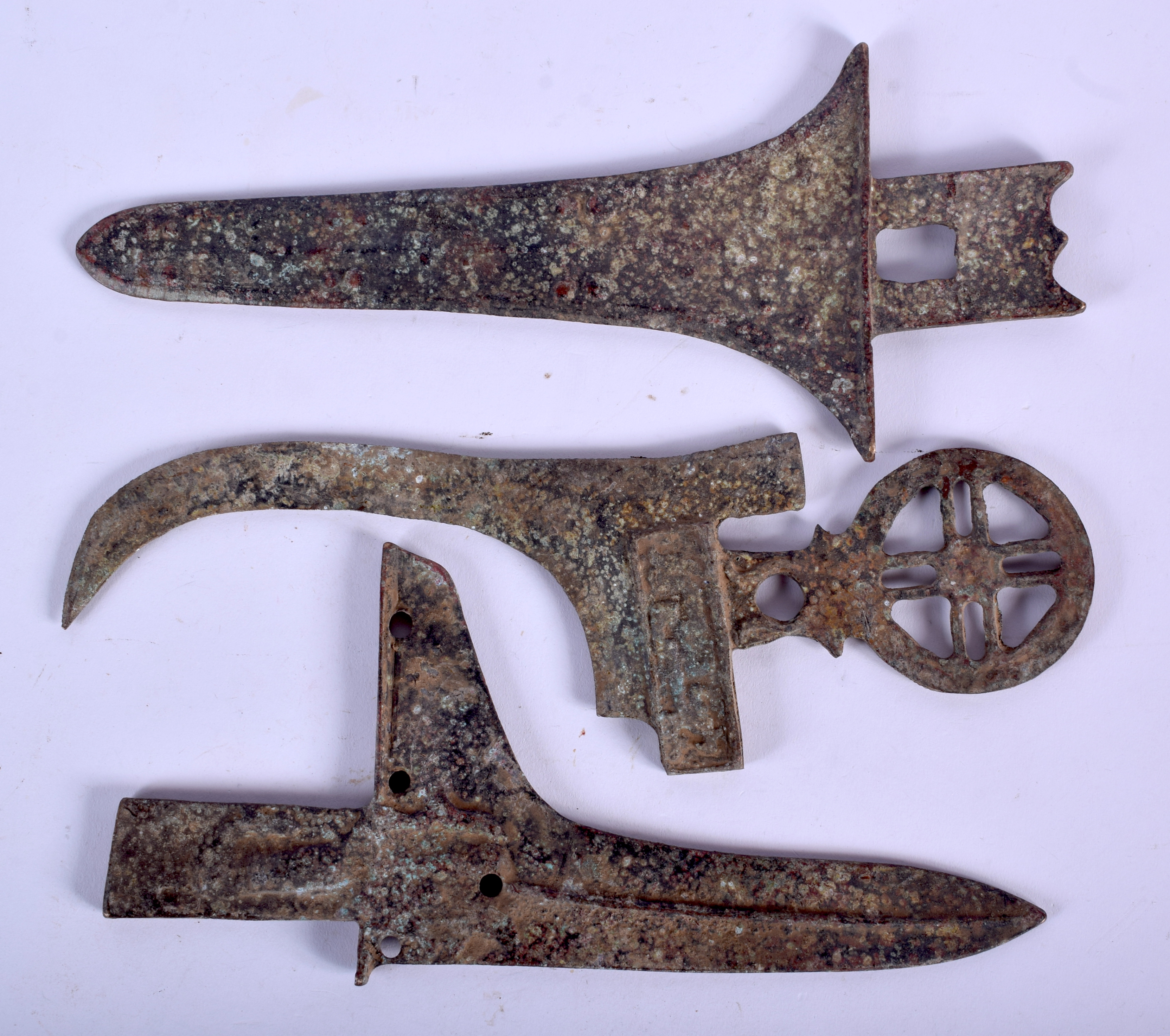 THREE CHINESE BRONZE WEAPON FRAGMENTS. Largest 22 cm long. (3) - Image 2 of 2