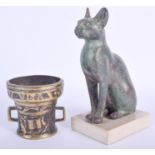 AN ANTIQUE TWIN HANDLED EUROPEAN BRONZE MORTAR together with figure of a cat. 10 cm & 19 cm high. (2