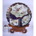 A LARGE 19TH CENTURY JAPANESE MEIJI PERIOD SCALLOPED DISH enamelled with phoenix birds. 38 cm wide.