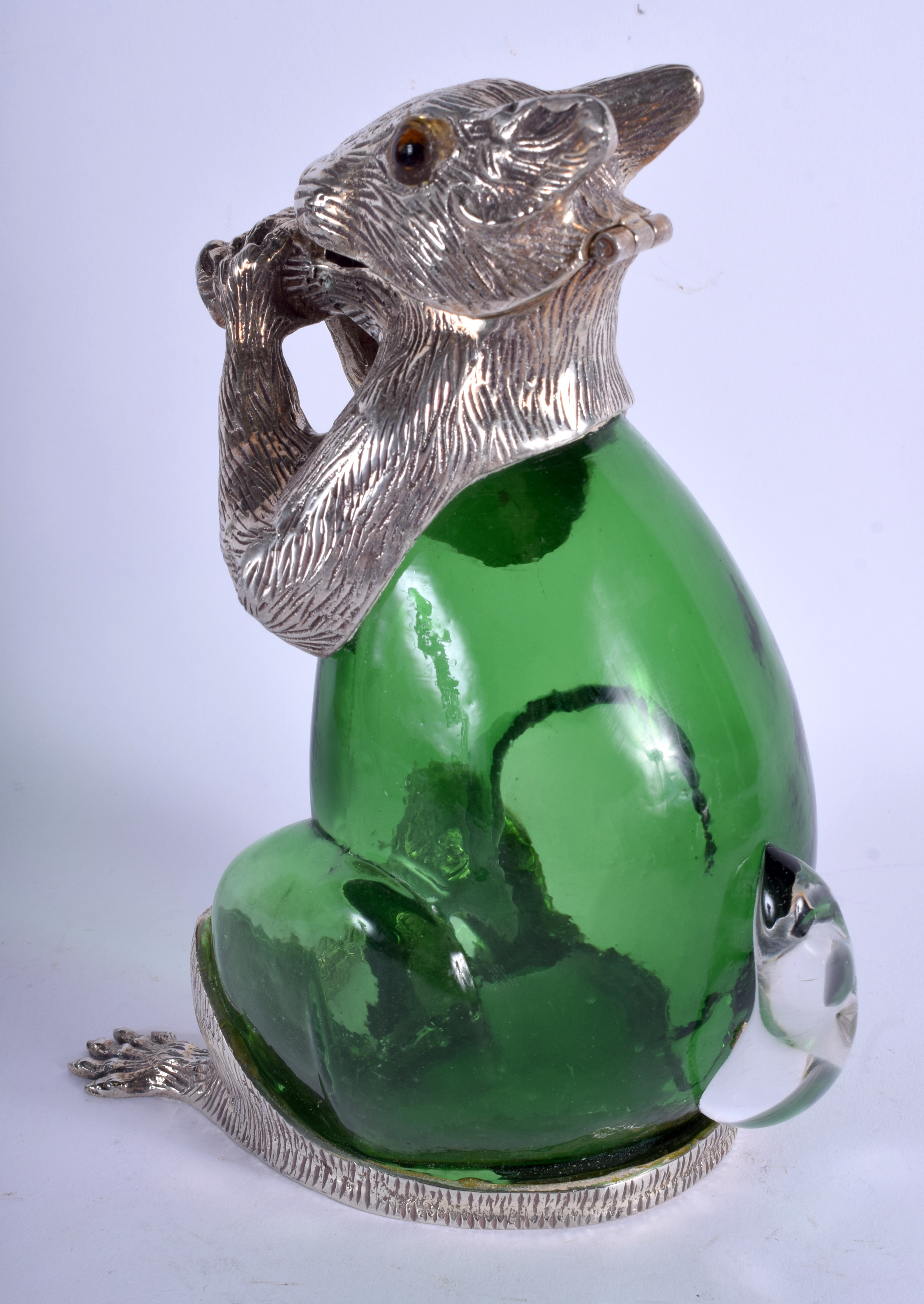 A CONTEMPORARY SILVER PLATED GREEN GLASS SQUIRREL DECANTER. 21 cm high. - Image 2 of 3