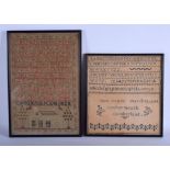 TWO ANTIQUE SAMPLERS. Largest 40 cm x 22 cm. (2)