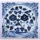 A CHINESE BLUE AND WHITE SQUARE FORM PORCELAIN TILE 20th Century. 20 cm square.