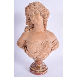 A MID 19TH CENTURY FRENCH CARVED TERRACOTTA FIGURE OF A FEMALE modelled upon marble base. 30 cm x 14