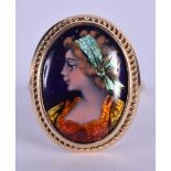 AN ANTIQUE 18CT GOLD LIMOGES ENAMEL RING. T.