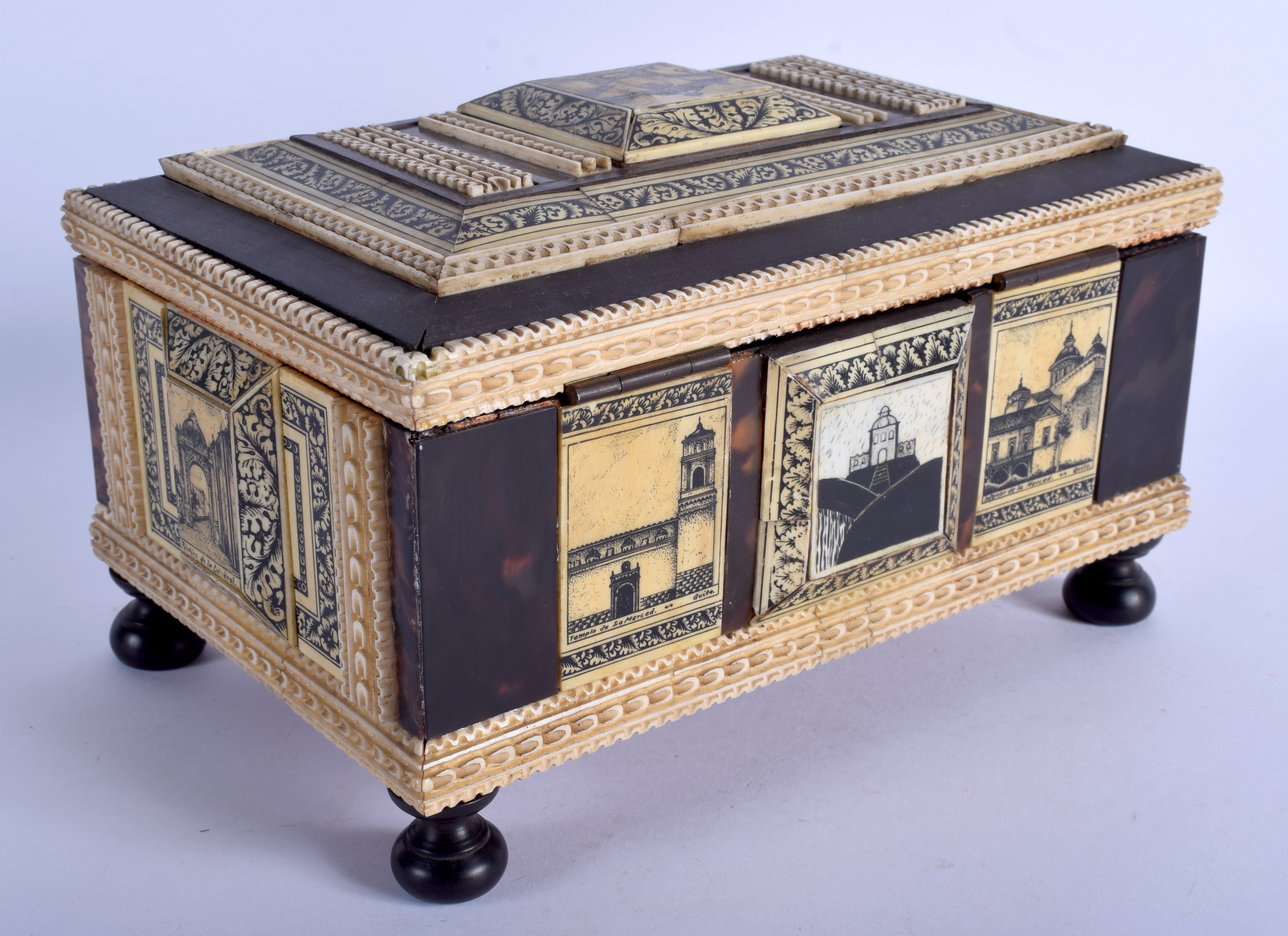 A GOOD EARLY 19TH CENTURY ANGLO INDIAN TORTOISESHELL CASKET decorated with engraved landscapes and b - Image 2 of 4