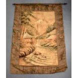 A 19TH CENTURY JAPANESE MEIJI PERIOD EMBROIDERED WOOLWORK SCROLL. Image 83 cm x 53 cm.