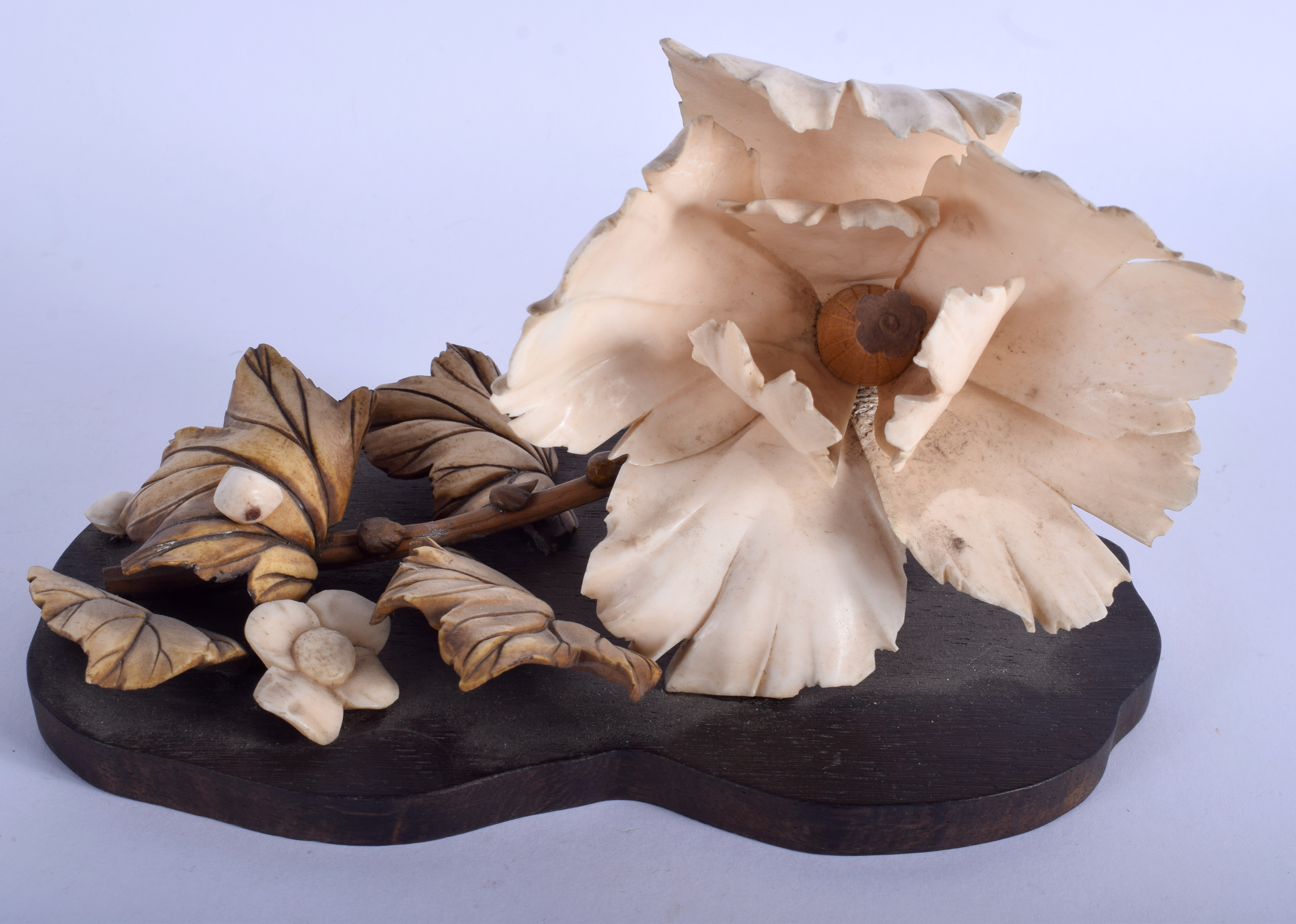 A 19TH CENTURY JAPANESE MEIJI PERIOD CARVED IVORY FLOWERS of naturalistic form. 19 cm x 12 cm.