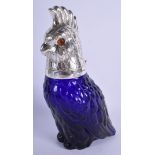 A CONTEMPORARY SILVER PLATED BLUE GLASS PARROT DECANTER. 27 cm high.