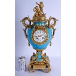 A LARGE 19TH CENTURY FRENCH ORMOLU AND BLUE SEVRES PORCELAIN MANTEL CLOCK Lahoche Paris, decorated w