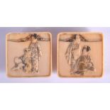A PAIR OF 19TH CENTURY JAPANESE MEIJI PERIOD CARVED IVORY TOGGLES decorated with geisha. 3.5 cm wide