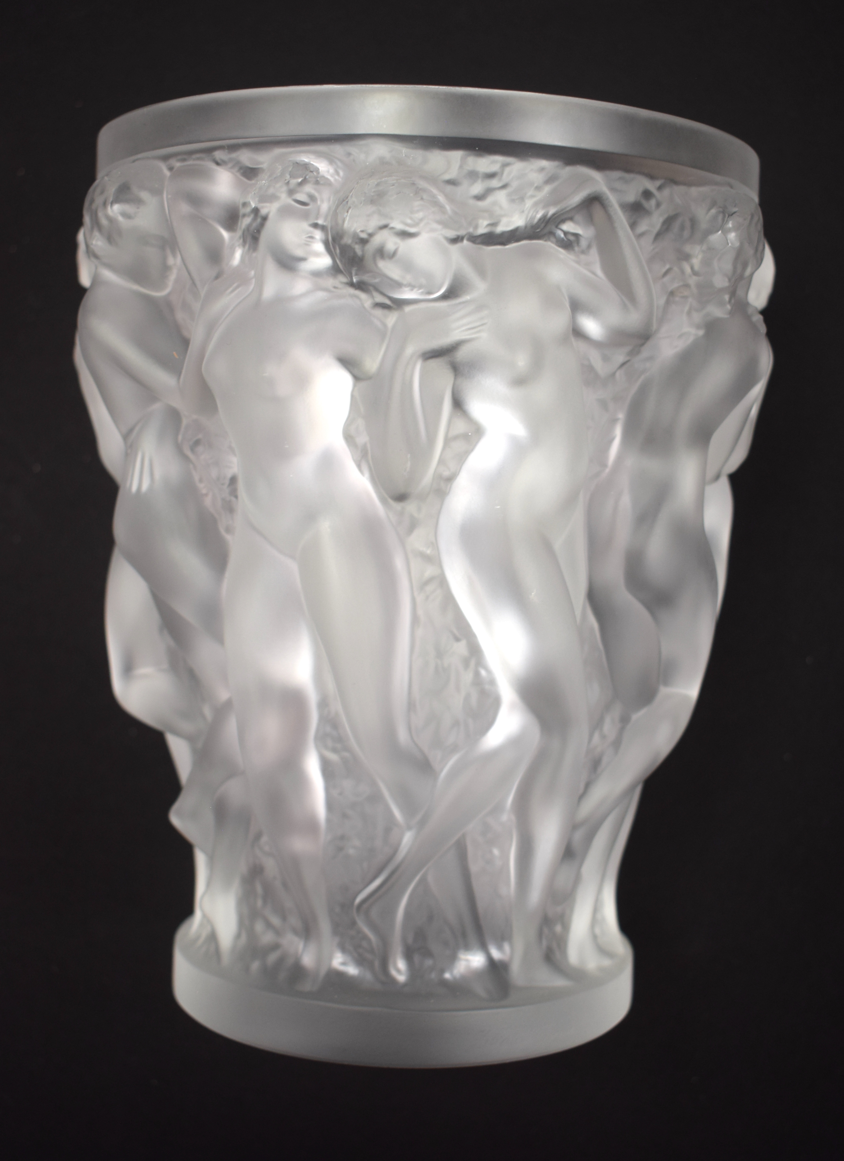 A LARGE FRENCH LALIQUE GLASS VASE decorated in the Bacchantes pattern. 25 cm x 17 cm. - Image 11 of 13