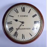 A LARGE 19TH CENTURY T HOWSE OF MARLBOROUGH MAHOGANY STATION CLOCK with bold circular dial and black
