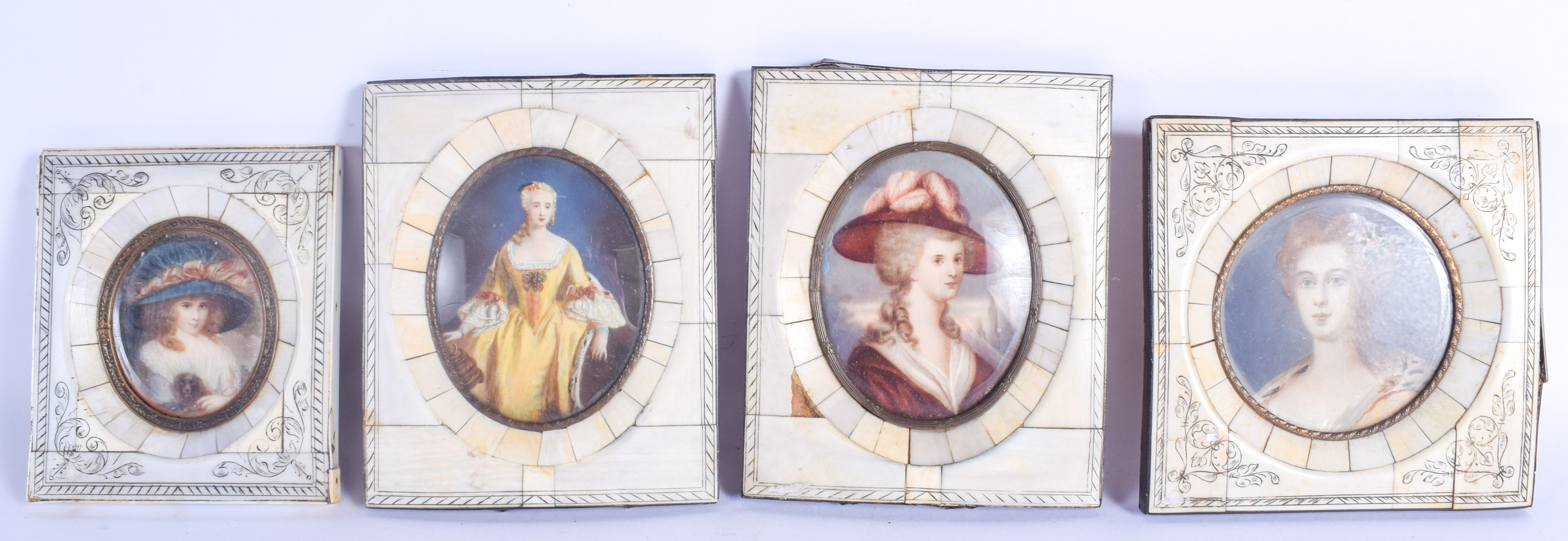 FOUR LATE 19TH CENTURY CONTINENTAL PAINTED IVORY MINIATURES. Largest image 9.5 cm x 7.5 cm. (4)