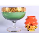 A VINTAGE ORANGE GLASS RETRO VASE together with a green glass bowl. Largest 20 cm x 15 cm. (2)
