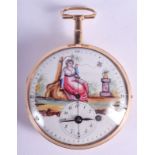 A RARE ANTIQUE CONTINENTAL GOLD AND ENAMEL POCKET WATCH painted with female holding a bird within a