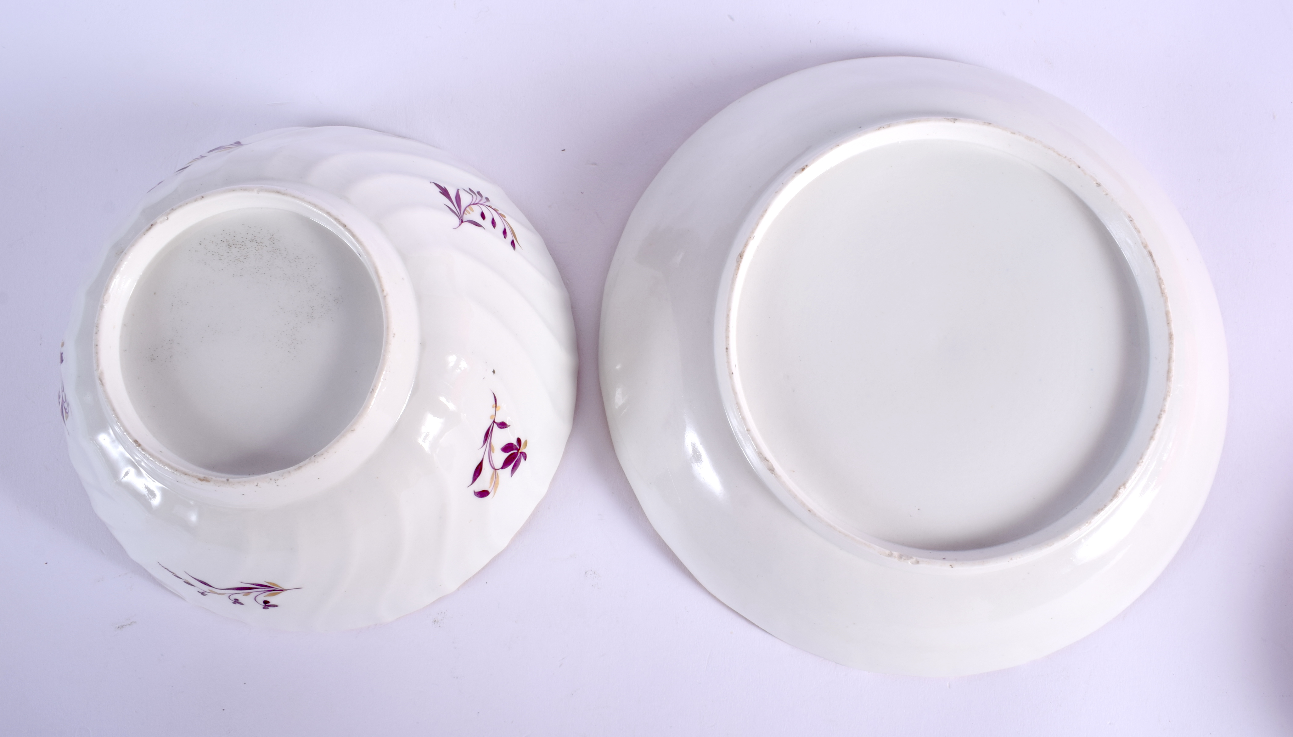 Three Flight coffee cups, saucers and teabowls and a match slop bowl with puce flowers. 19.5 cm wide - Image 4 of 4