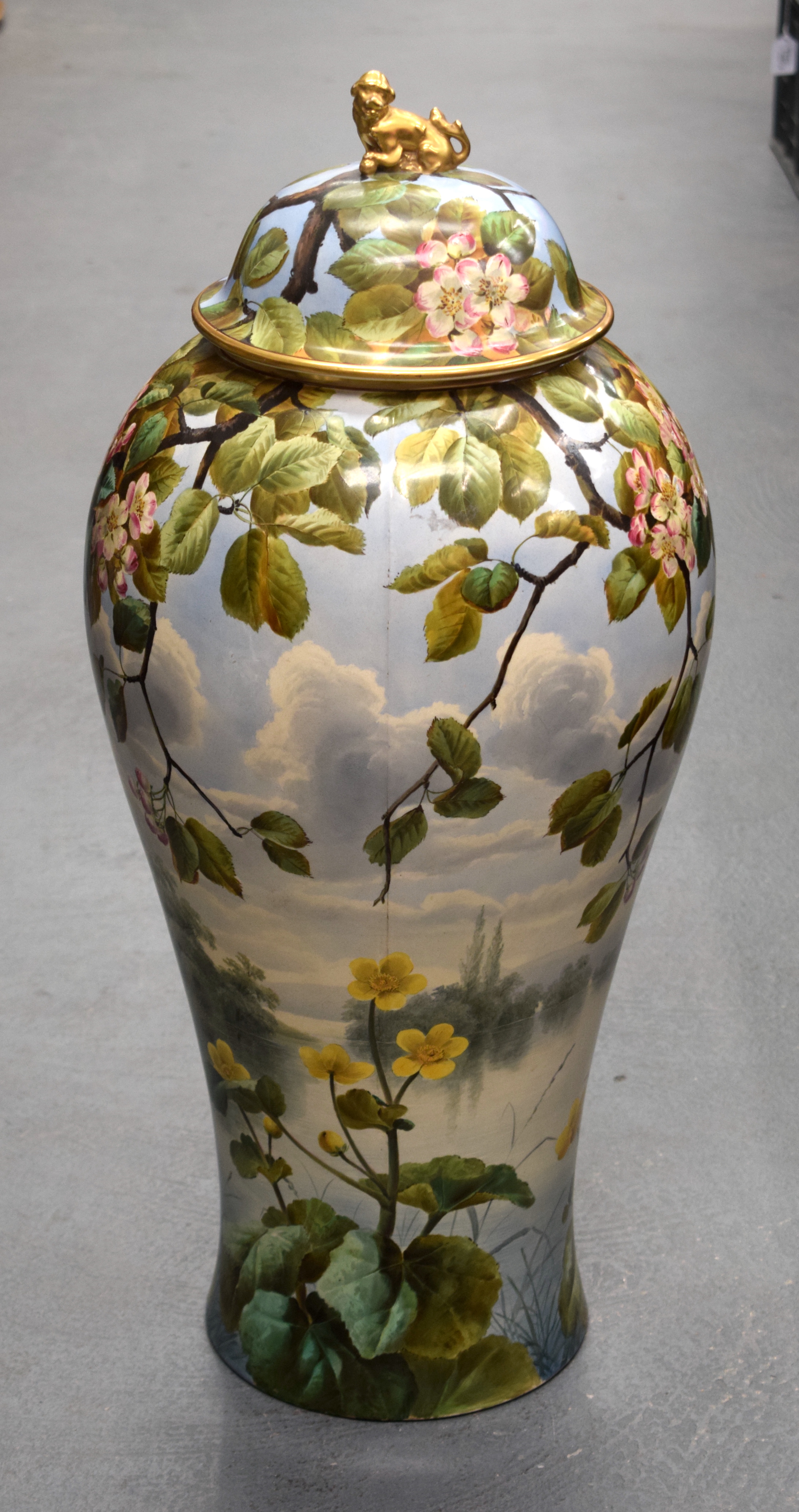 A LARGE 19TH CENTURY CONTINENTAL POTTERY FLOOR STANDING VASE AND COVER probably Minton or Burmantoft