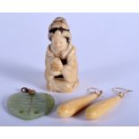 A 19TH CENTURY JAPANESE MEIJI PERIOD CARVED IVORY OKIMONO together with earrings etc. (4)