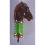 AN UNUSUAL CONTINENTAL SILVER GILT ENAMEL AND AGATE CANE HANDLE in the form of a horses head, inset
