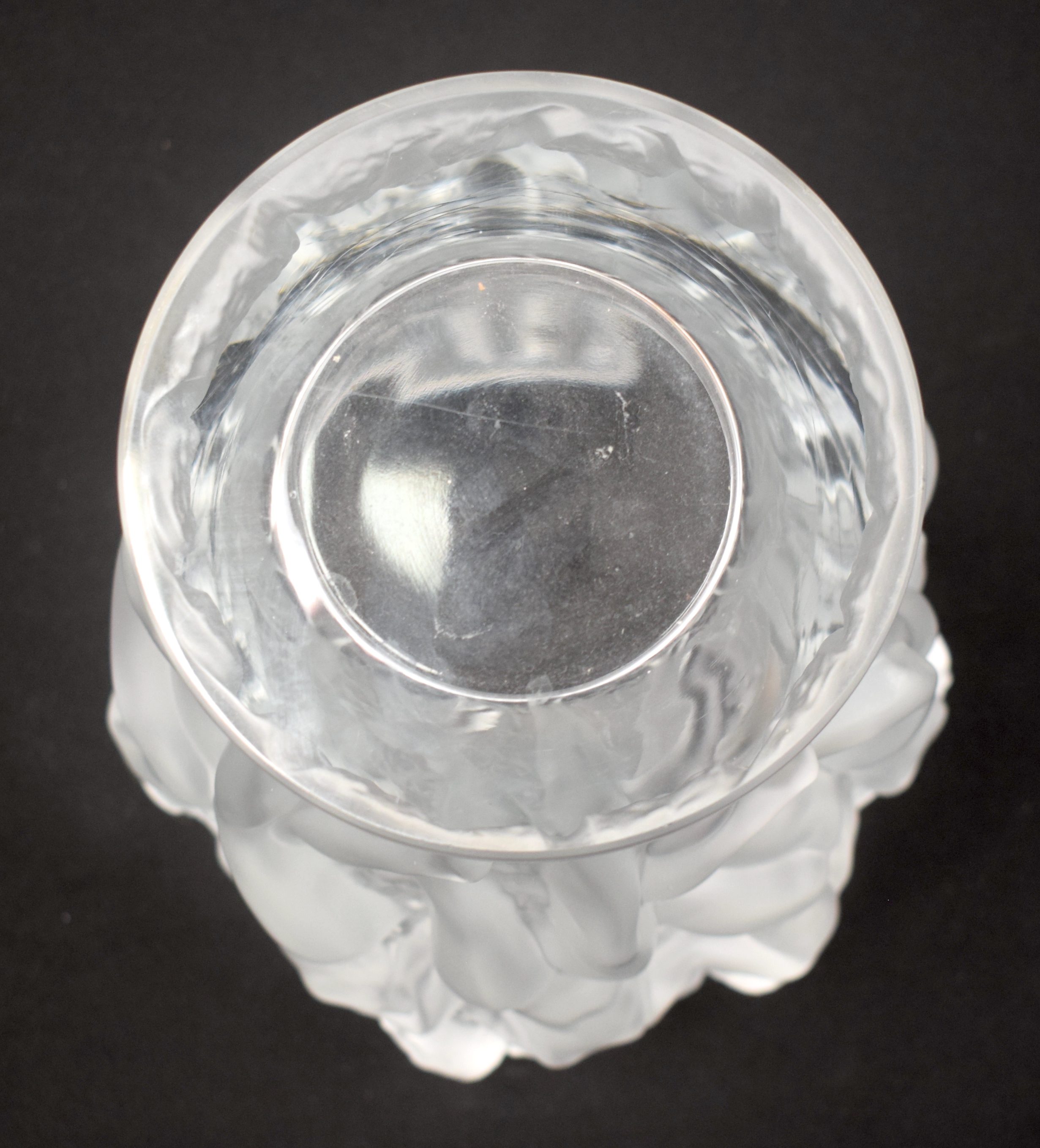 A LARGE FRENCH LALIQUE GLASS VASE decorated in the Bacchantes pattern. 25 cm x 17 cm. - Image 13 of 13