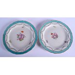 Chelsea Derby pair of turquoise bordered plates painted with roses and other flowers under husk pend