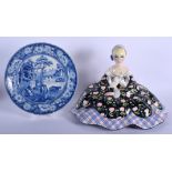 A 19TH CENTURY ENGLISH STAFFORDSHIRE PLATE together with a large Italian Lenci figure. Largest 30 cm