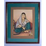 AN EARLY 20TH CENTURY INDIAN RAJASTHANI PAINTED WATERCOLOUR depicting a female smoking a pipe. Image
