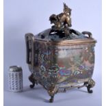 A RARE LARGE 19TH CENTURY JAPANESE MEIJI PERIOD CHAMPLEVE ENAMELLED CENSER AND COVER decorated with