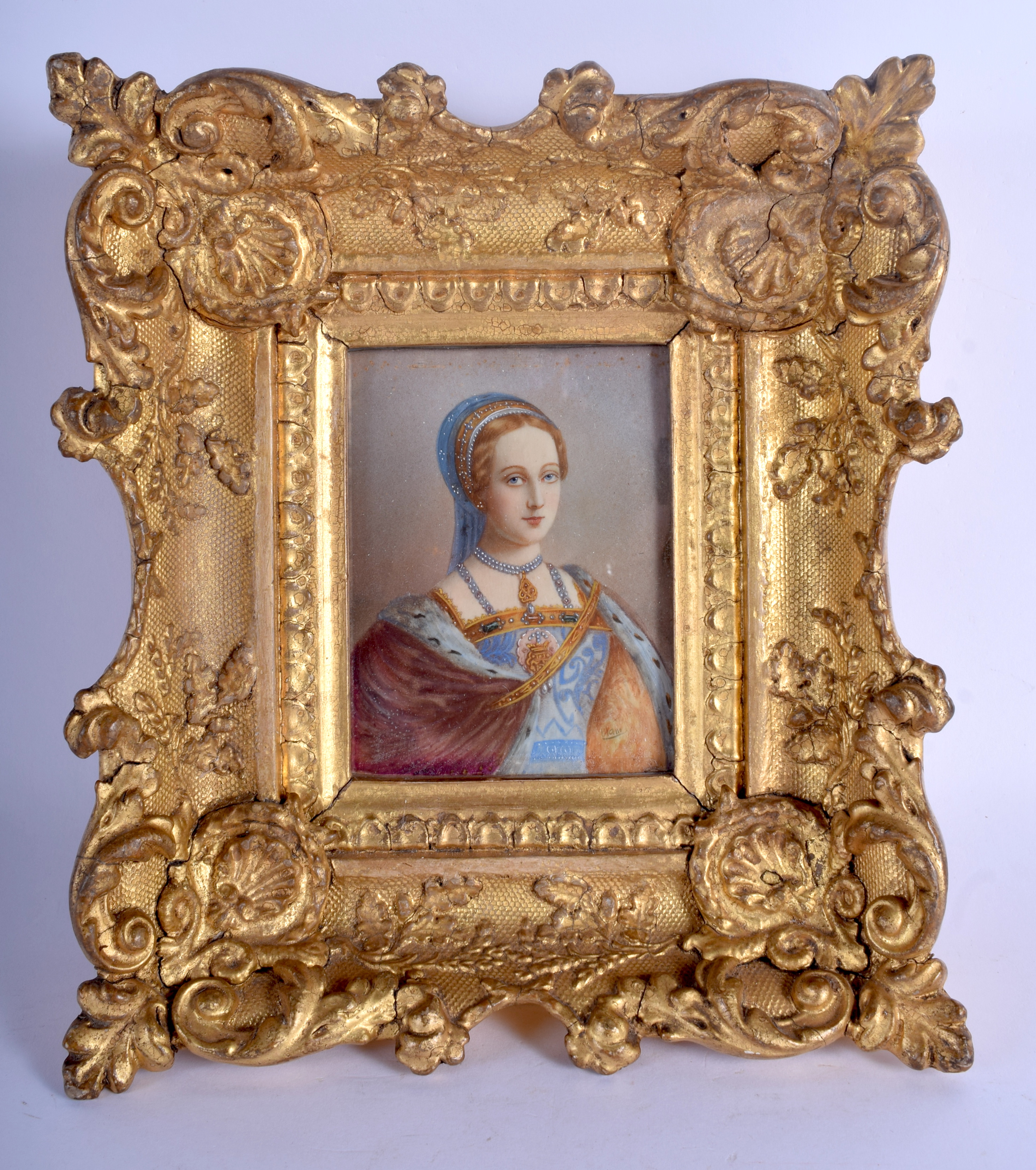 A 19TH CENTURY CONTINENTAL PAINTED IVORY PORTRAIT MINIATURE within a gilt wood frame. Image 8 cm x 9