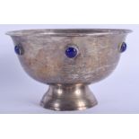 AN ARTS AND CRAFTS WHITE METAL AND LAPIS GLASS BOWL. 10 oz. 15 cm diameter.