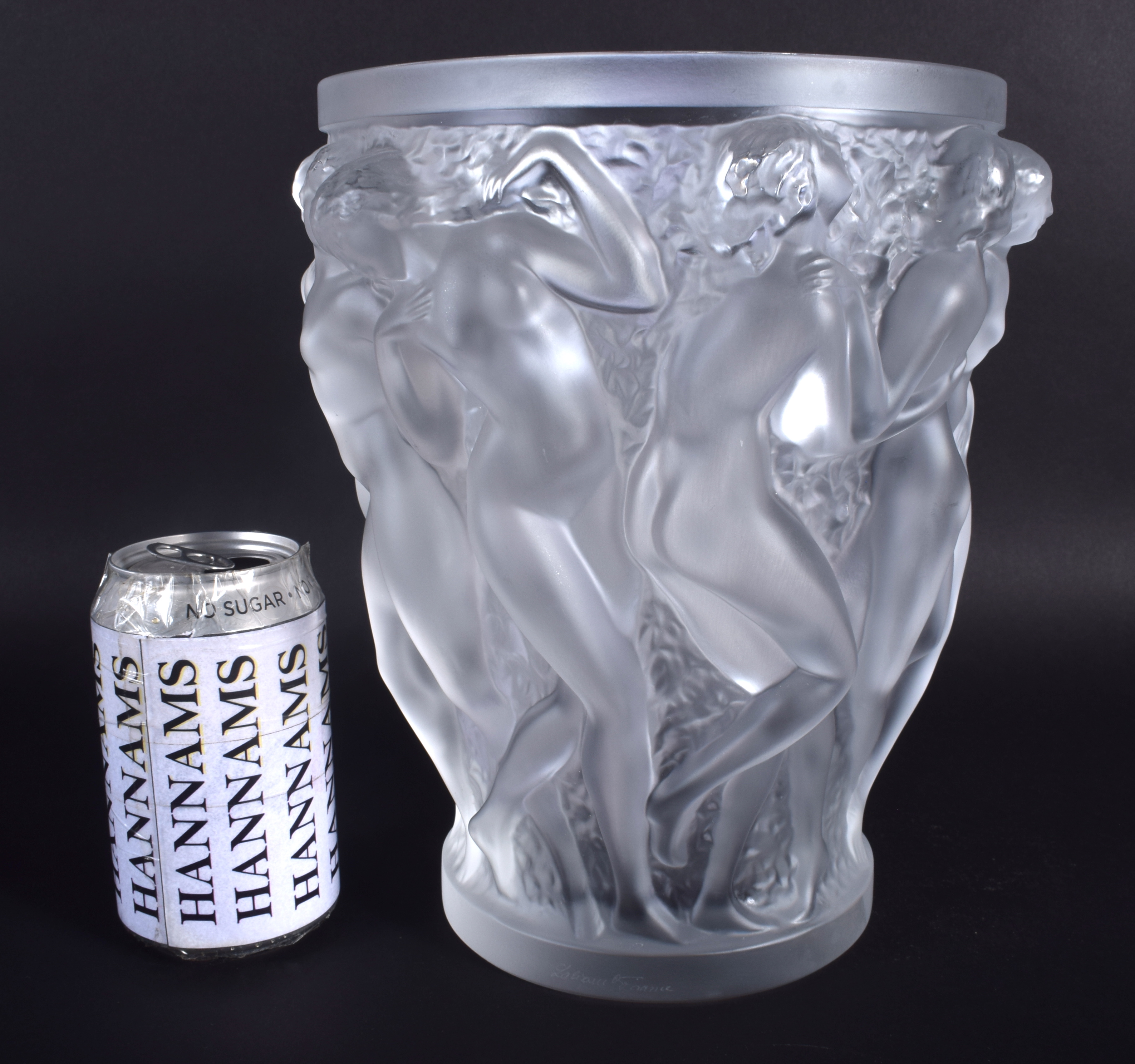 A LARGE FRENCH LALIQUE GLASS VASE decorated in the Bacchantes pattern. 25 cm x 17 cm.