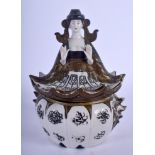 A RARE EARLY 20TH CENTURY FRENCH PORCELAIN DRESSING TABLE JAR AND COVER Japanese style. 16 cm x 9 cm