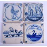 FOUR 18TH CENTURY CONTINENTAL DELFT BLUE AND WHITE TILES. 13.5 cm square. (4)
