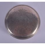 AN 18TH CENTURY CONTINENTAL ARMORIAL SILVER BOX AND COVER. 1.2 oz. 5 cm diameter.