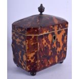 A REGENCY CARVED TORTOISESHELL TEA CADDY with rare caddy spoon, with silver fittings. 12 cm x 12 cm.