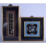 TWO EARLY 20TH CENTURY CHINESE FRAMED EMBROIDERED SILK PANELS. Largest silk 32 cm x 9 cm. (2)