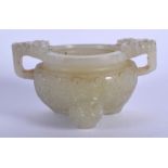 AN EARLY 19TH CENTURY CHINESE CARVED GREEN JADE CENSER Jiaqing, decorated with mask heads. 5 cm x 3