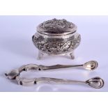 AN ANTIQUE INDIAN SILVER BOX together with silver tongs. 6.5 oz. (2)