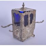 AN ANTIQUE DUTCH SILVER SEDAN CARRIAGE with blue glass liner, possibly an inkwell. 10.9 oz overall.