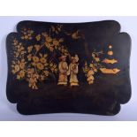AN EARLY 19TH CENTURY ENGLISH BLACK LACQUER HANGING PANEL painted with chinoiserie scenes. 39 cm x 2