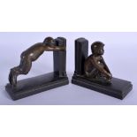 A PAIR OF FRENCH ART DECO SUSSE FRERES BRONZE BOOKENDS by Paul Silvestre, formed as two young fawn.