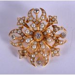 A FINE VICTORIAN 15CT GOLD DIAMOND AND SEED PEARL BROOCH of approx 0.4 cts. 8.2 grams. 2.75 cm x 3 c