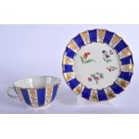 Worcester facetted teacup and saucer decorated with alternating blue band and gilt floral panels, th