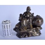 A RARE 19TH CENTURY CHINESE SILVER AND GOLD INLAID FIGURE Qing, modelled as a buddha resting upon a