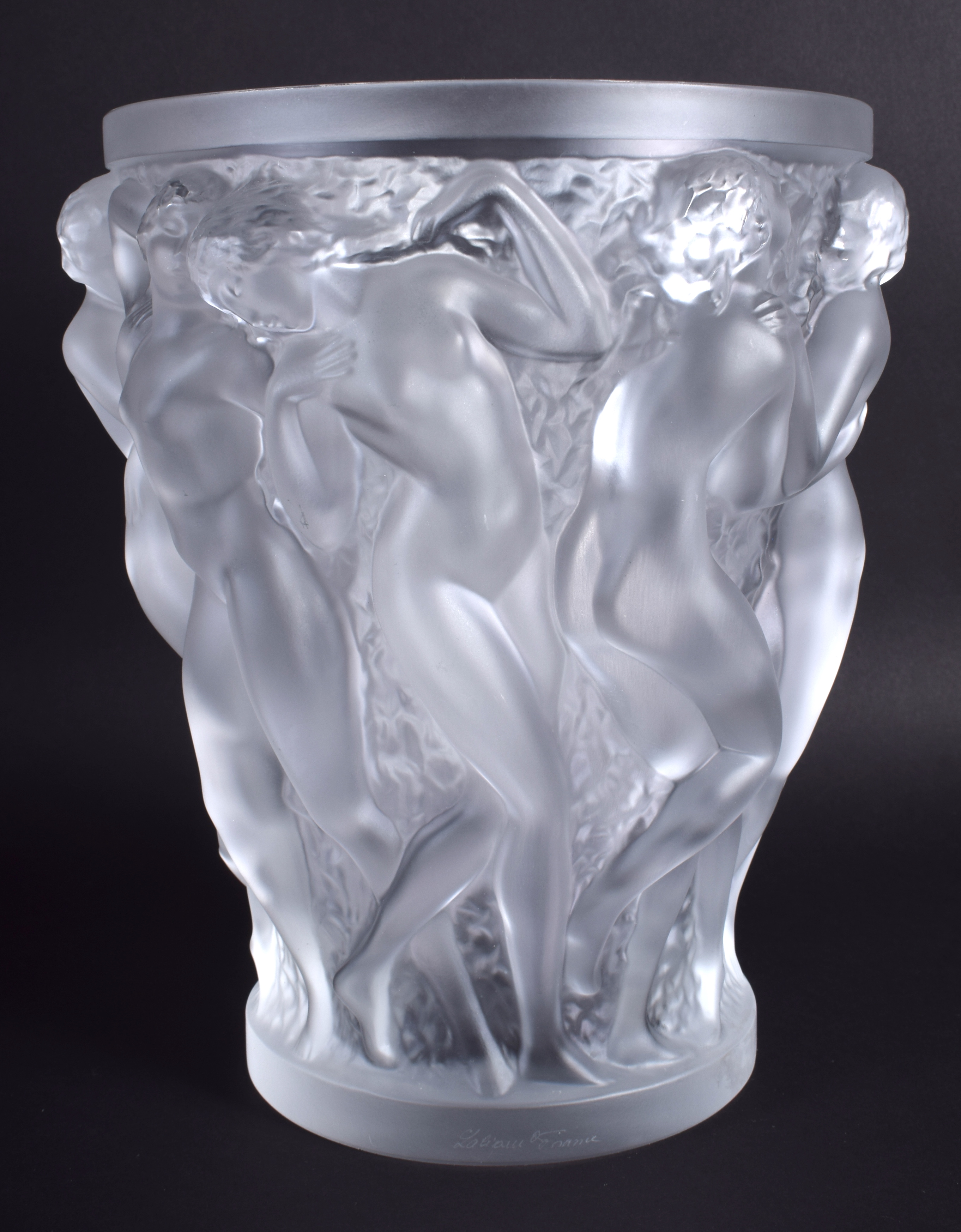 A LARGE FRENCH LALIQUE GLASS VASE decorated in the Bacchantes pattern. 25 cm x 17 cm. - Image 2 of 13