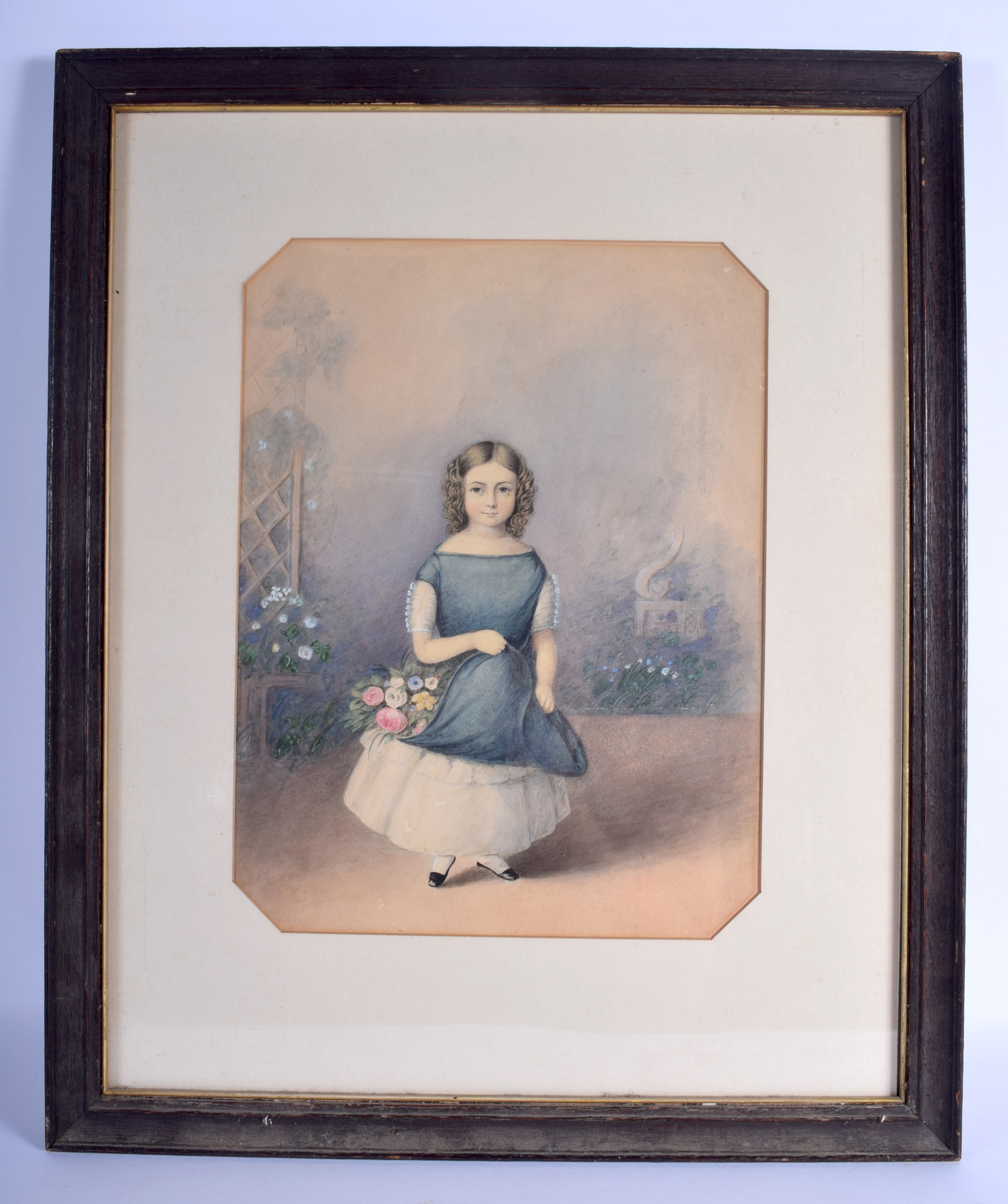 English school (19th Century) Girl in blue, Watercolour. Image 34 cm x 23 cm.