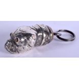 A LOVELY EDWARDIAN SILVER BULL DOG PENDANT. 3.5 cm long.