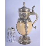 A VERY RARE 18TH/19TH CENTURY CONTINENTAL SILVER EMU EGG TANKARD overlaid with strap work figures an