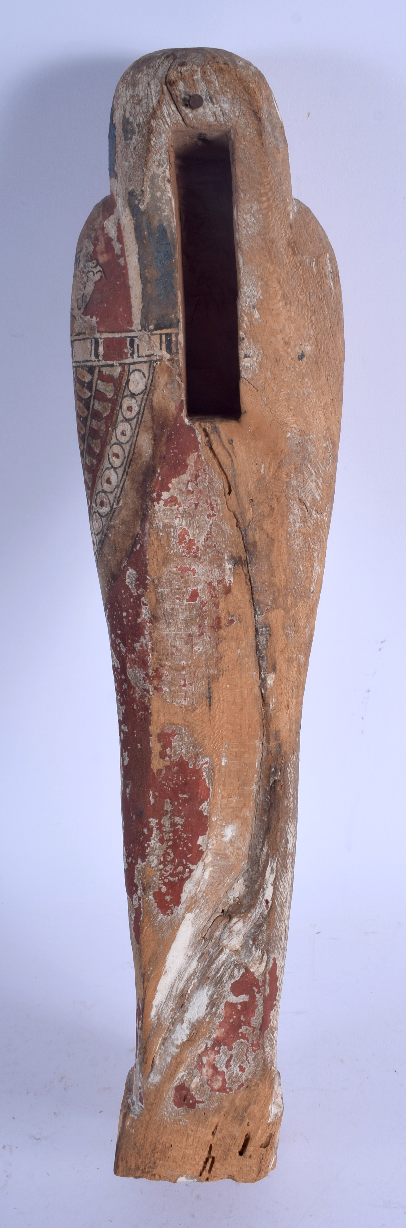 A LARGE AND EARLY EGYPTIAN PAINTED POLYCHROMED WOOD USHABTI possibly Middle Kingdom, modelled encase - Image 2 of 4