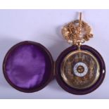 A LOVELY 19TH CENTURY FRENCH TWO TONE GOLD AUTOMATON POCKET WATCH with gold chain, decorated with fi